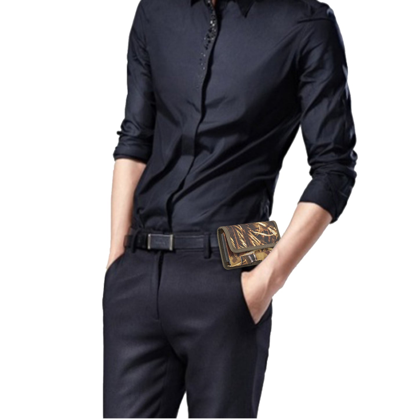 For Apple iPhone 16 Plus (6.7") Universal Camo Leather Horizontal Holster Pouch with Credit Card Slots Wallet & Belt Loop Clip Carrying (Fits 6.7 inch Phone) [Camouflage]