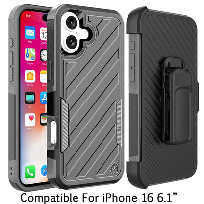 For Apple iPhone 16 (6.1") Combo Hybrid lined with Belt Clip Holster Armor Shockproof Rugged Textured 2in1 Non Slip Tough Case Cover Black / Gray