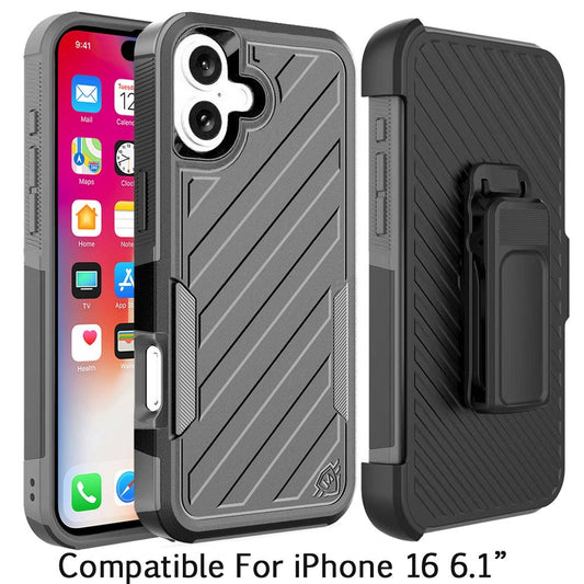 For Apple iPhone 16 (6.1") Combo Hybrid lined with Belt Clip Holster Armor Shockproof Rugged Textured 2in1 Non Slip Tough Case Cover Black / Gray