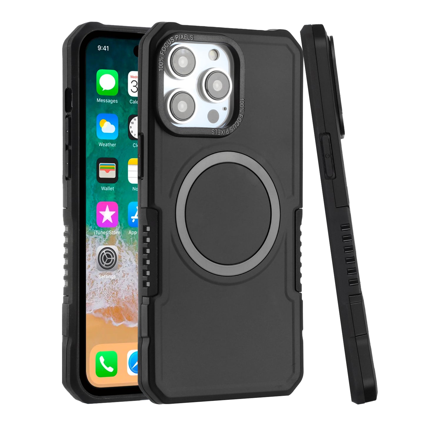 For Apple iPhone 16 (6.1") Hybrid Armor Grip Metal Ring Compatible with MagSafe [Magnetic Circle] Wireless Charging Shockproof Case Cover
