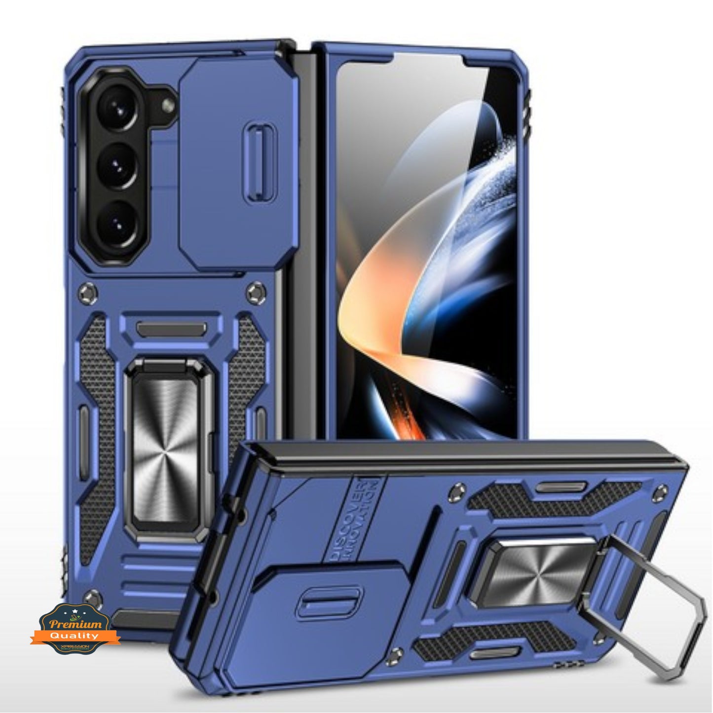 For Samsung Galaxy Z Fold 7 Hybrid Magnetic Ring Stand Case with Slide Camera Lens Protection, TPU Rubber Shockproof Case Cover