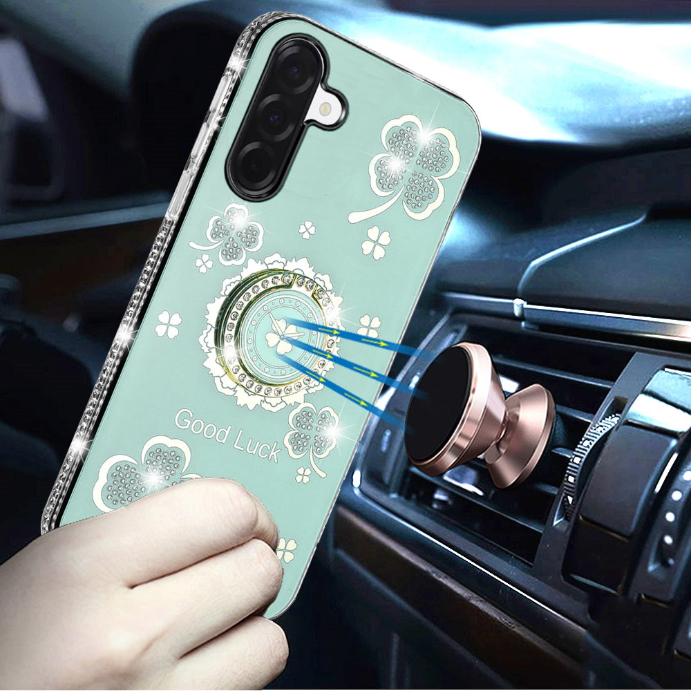 For Samsung Galaxy S25 Fan Edition /Galaxy S25 FE Diamonds Bling All Around Edges Sparkly Glitter Hybrid with Ring Stand Holder Fashion Good Luck Case Cover Teal