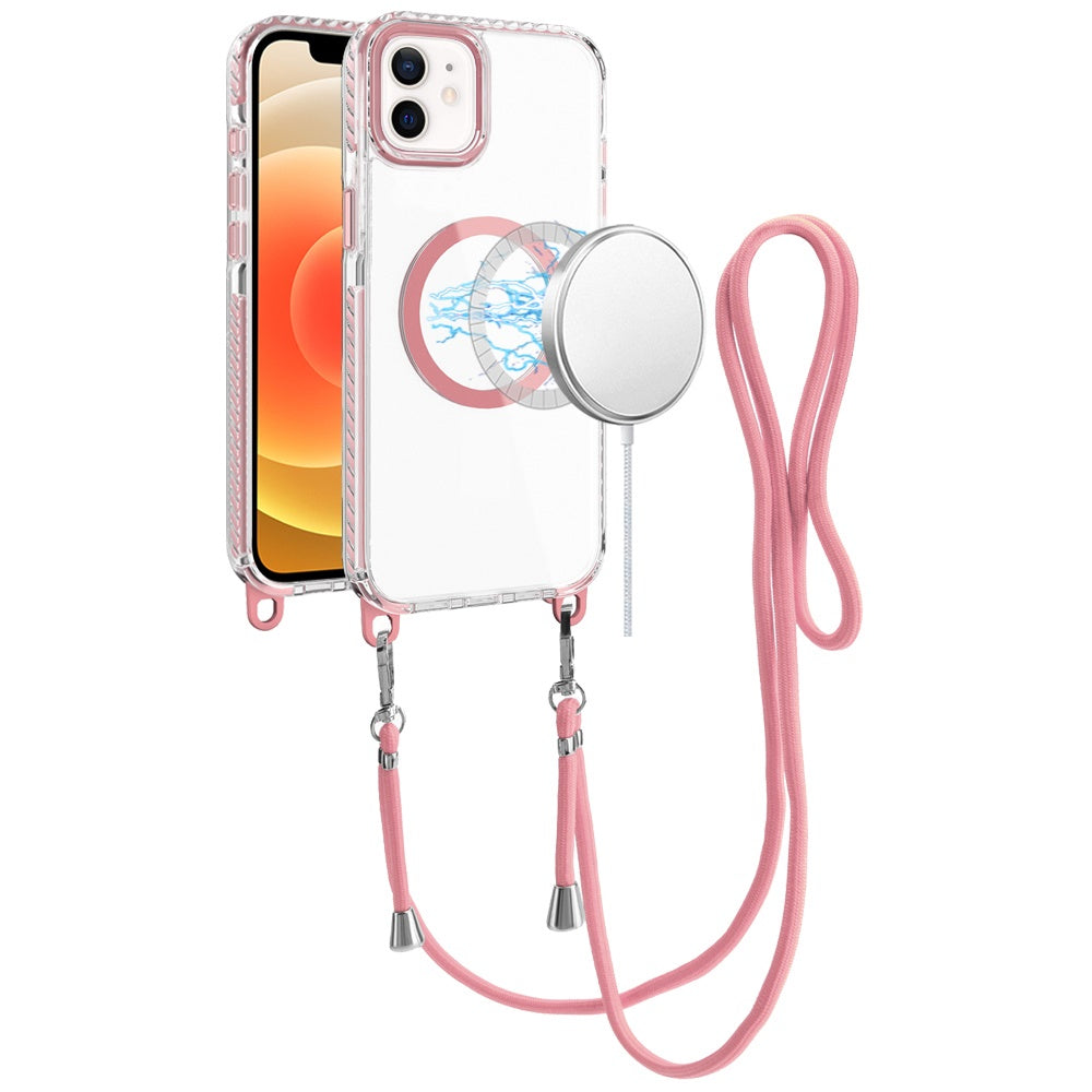 For Apple iPhone 14 /13 Clear Magnetic Frame PC Back Shockproof Protective Case with Detachable Lanyard Strap, Compatible with MagSafe Case Cover