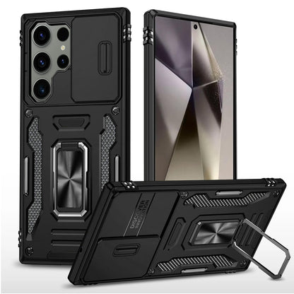 For Samsung Galaxy S25 Ultra Tough Hybrid Case with Movable Camera Window & Metal Ring Stand Shockproof Case Cover