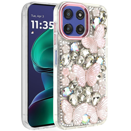 For Motorola Moto G 5G 2025 3D Diamond Floral Butterfly Bling Stone Hybrid, Sparkly Rhinestone Gemstone Back Shockproof Case Cover