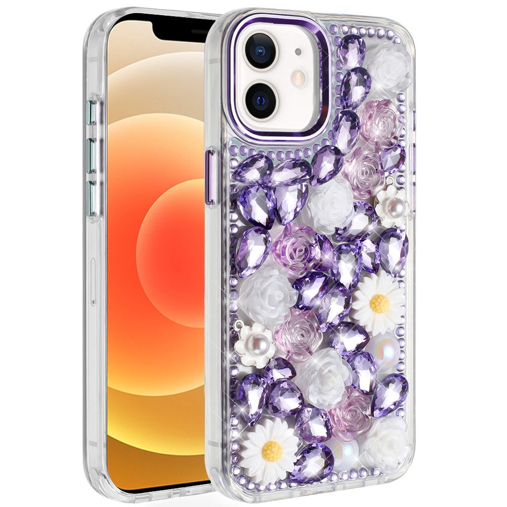 For Apple iPhone 16 Pro (6.3") Fashion Daisy Floral Series, Full 3D Bling Crystal Diamonds Sparkling Rhinestone Glitter Hybrid Design Case Cover Purple