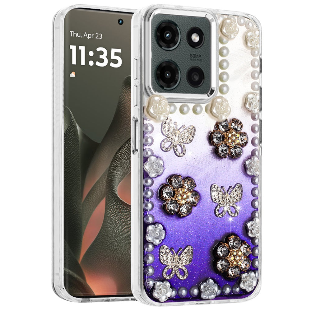 For Motorola Edge 2025 Bling Fashion Design with 3D Pearls Epoxy Glitter Ornaments Chrome Edge Hard Slim PC Case Cover