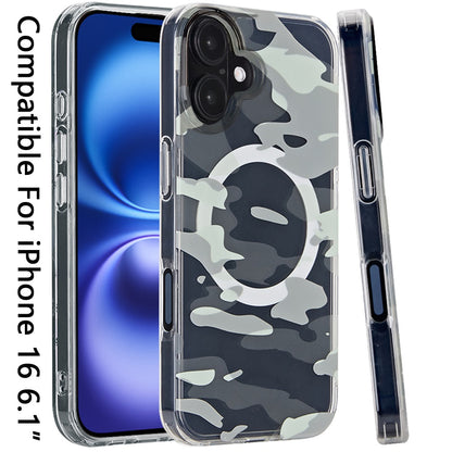 For Apple iPhone 16 (6.1") Floral Pattern Design Cute Clear Hybrid Compatible with Magsafe Double Layer Soft TPU Hard PC Back Slim Case Cover