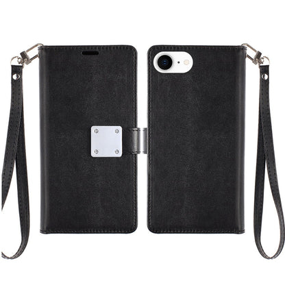 For Samsung Galaxy S25 EDGE Wallet Case with ID/ Card Holder, Wristlet Strap, Magnetic TPU Protective Shockproof Folio Flip Case Cover Black