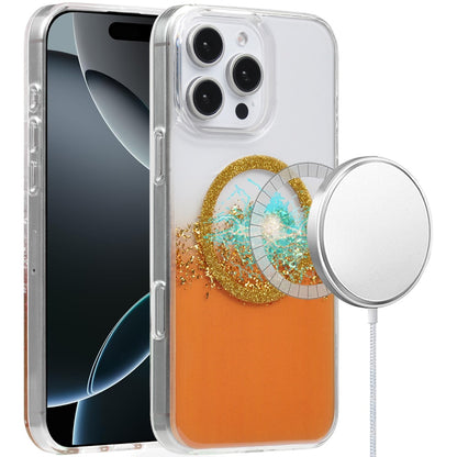 For Apple iPhone 16 Pro (6.3") Premium Transparent Epoxy Glitter Bling Magnetic Circle Compatible with MagSafe Hybrid Sparkle TPU Case Cover