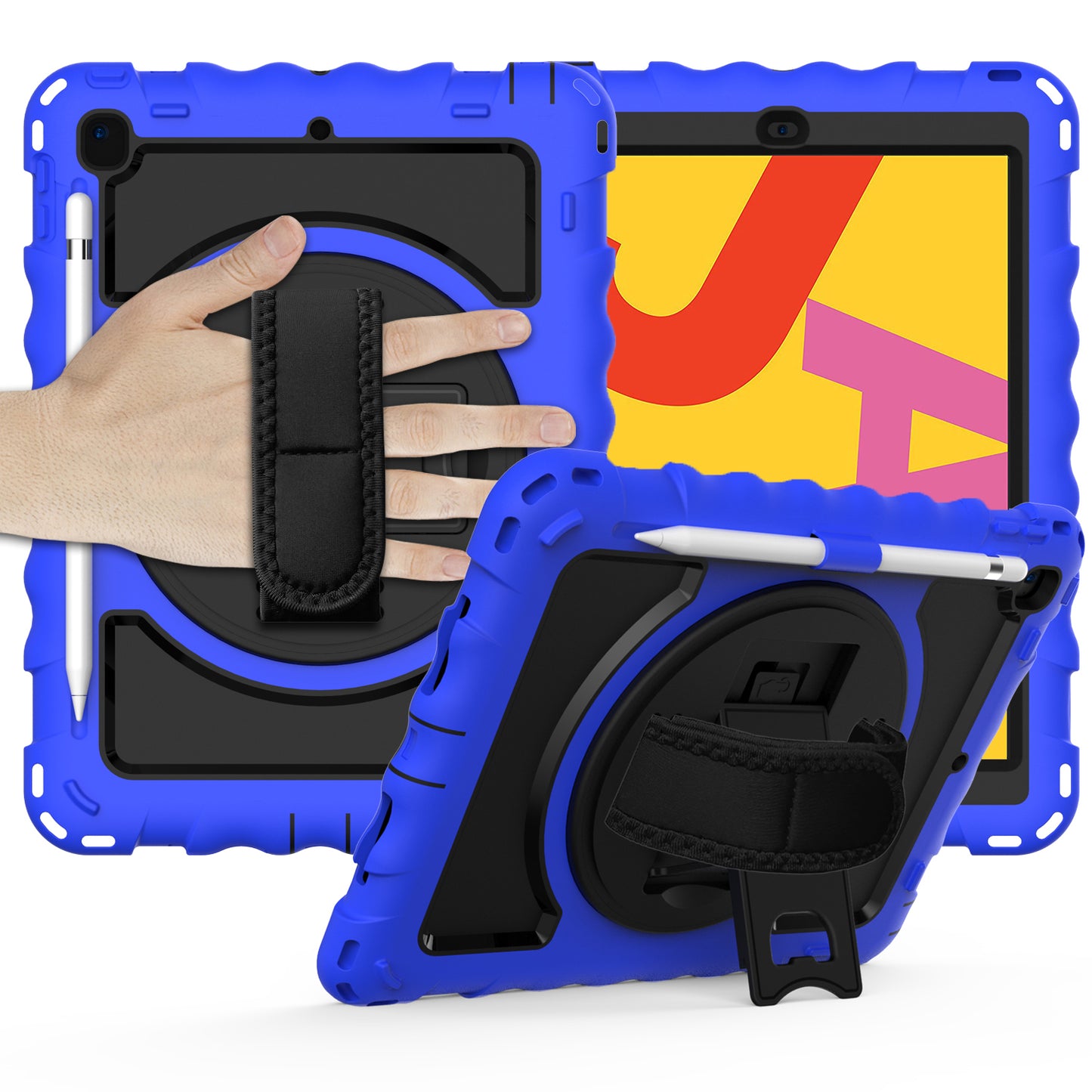 For Hybrid 3in1 Armor Rugged with Built-in Kickstand 360° Rotatable Stand & Shoulder Hand Strap Corner Shockproof Blue Tablet Case Cover