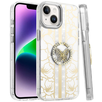 For Apple iPhone 15 Diamonds 3D Butterfly Floral Design Bling Sparkly Glitter Hybrid Metal Fashion with Ring Stand Case Cover