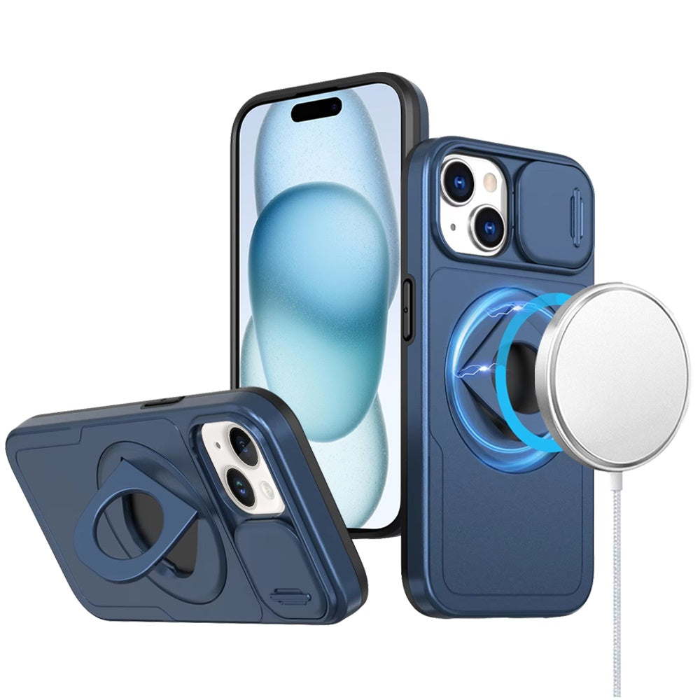 For Apple iPhone 16 (6.1") Full Coverage with Camera Window, Magnetic Circle, Rotatable Ring Stand, MagSafe Compatible, Shockproof Hybrid Protectiv Case Cover
