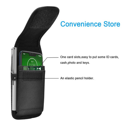 For Apple iPhone 16 Plus (6.7") Vertical Nylon Canvas Holster Universal Cell Phone Pouch Velcro Closure with Credit Card Slot & Belt Clip Loop Carabiner [Black]