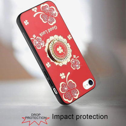 For Apple iPhone SE 4 Diamonds 3D Fashion Floral Bling Sparkly Glitter Ornaments Engraving Hybrid with Ring Stand Case Cover Red Good Luck Floral