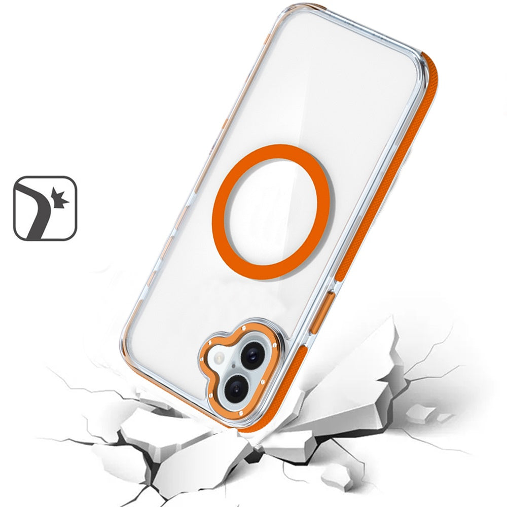 For Apple iPhone 16 Plus (6.7") Transparent back with Colorful Frame Strong Magnetic Circle [Compatible with Magsafe] Shockproof Case Cover Clear Orange