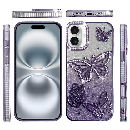 For Apple iPhone 16 (6.1" ) Luxury Butterfly Sparkle Glitter Diamond Crystal Rhinestone Shimmer Bling Plating Thick TPU Hard PC Case Cover