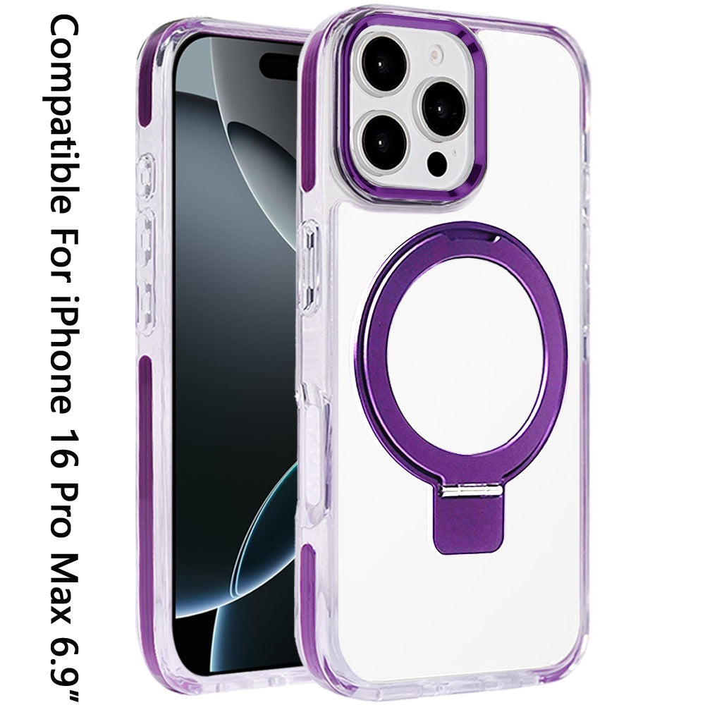 For Apple iPhone 16 Pro Max (6.9") Hybrid Transparent Circle Back Ring Kickstand [Compatible with MagSafe] Shockproof Color Frame Bumper Case Cover