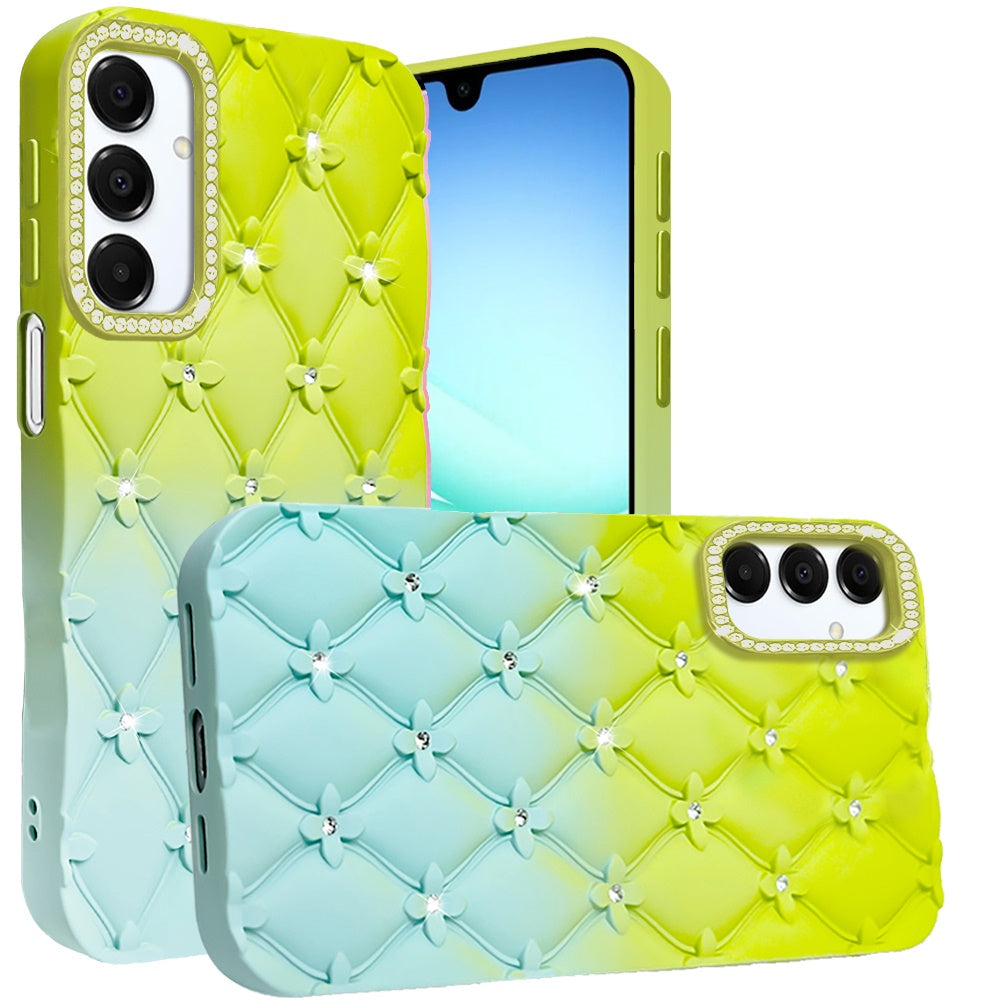 For Samsung Galaxy A17 5G Fashion Flower Design Sparkle Glitter Shimmer Rhinestone Bling Floral Accents, Leather Texture TPU Case Cover