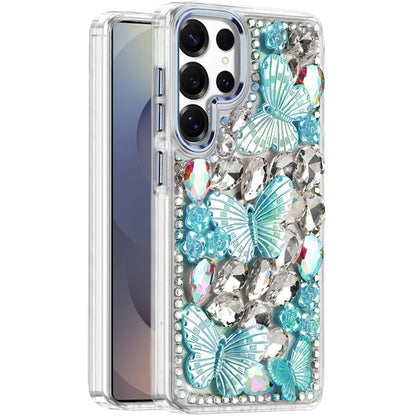 For Samsung Galaxy S25 Ultra 3D Diamond Floral Butterfly Bling Stone Hybrid, Sparkly Rhinestone Gemstone Back Shockproof Case Cover