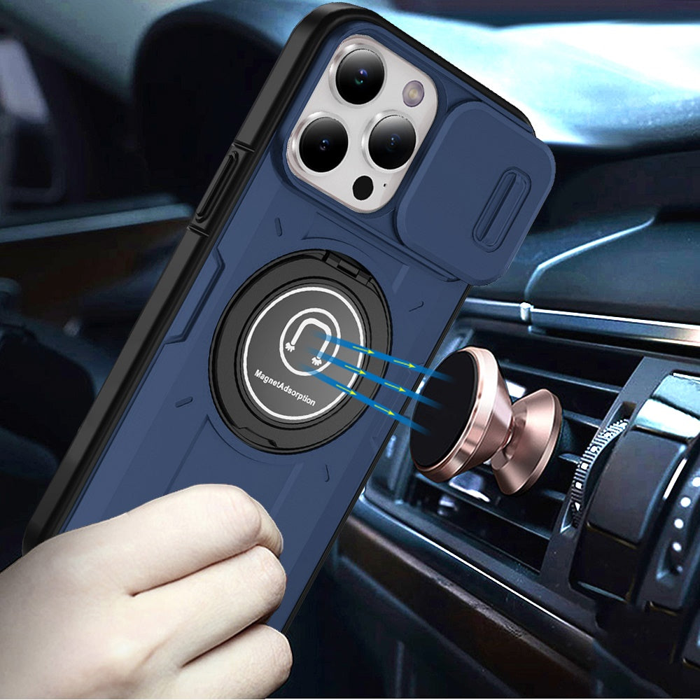 For Apple iPhone 16 Pro (6.3") Build in Invisible Magnetic Ring Stand with Slide Camera Protector, fit Magnetic Car Mount [Compatible with MagSafe] Case Cover