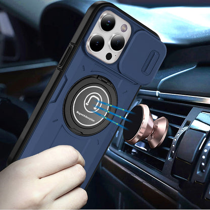 For Apple iPhone 15 Build in Invisible Magnetic Ring Stand with Slide Camera Protector, fit Magnetic Car Mount [Compatible with MagSafe] Case Cover
