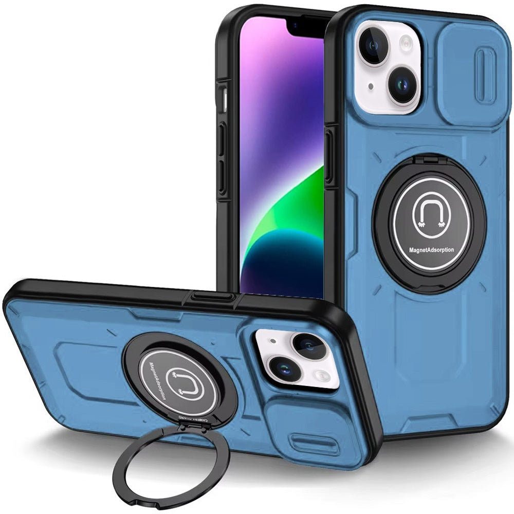 For Apple iPhone 15 Build in Invisible Magnetic Ring Stand with Slide Camera Protector, fit Magnetic Car Mount [Compatible with MagSafe] Case Cover