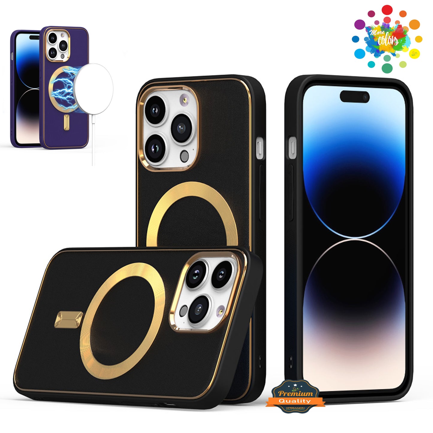 For Apple iPhone 14 Pro Max (6.7") Ultimate PU Leather Hybrid with MagSafe Compatible Bumper Gold Frame Protection  Phone Case Cover