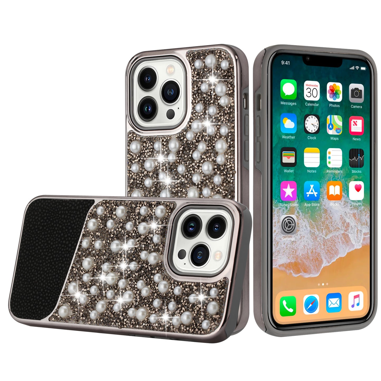 For Apple iPhone 14 Pro (6.1") Bling Pearl Diamonds Design Glitter Hybrid Thick Hard TPU Shiny Protective Rubber Frame  Phone Case Cover