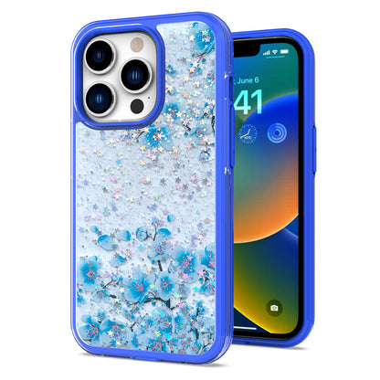 For Apple iPhone 13 Pro Max (6.7") Sakura Spring Flowers Design Colorful Frame Hybrid Rubber TPU Hard PC Shockproof Slim  Phone Case Cover