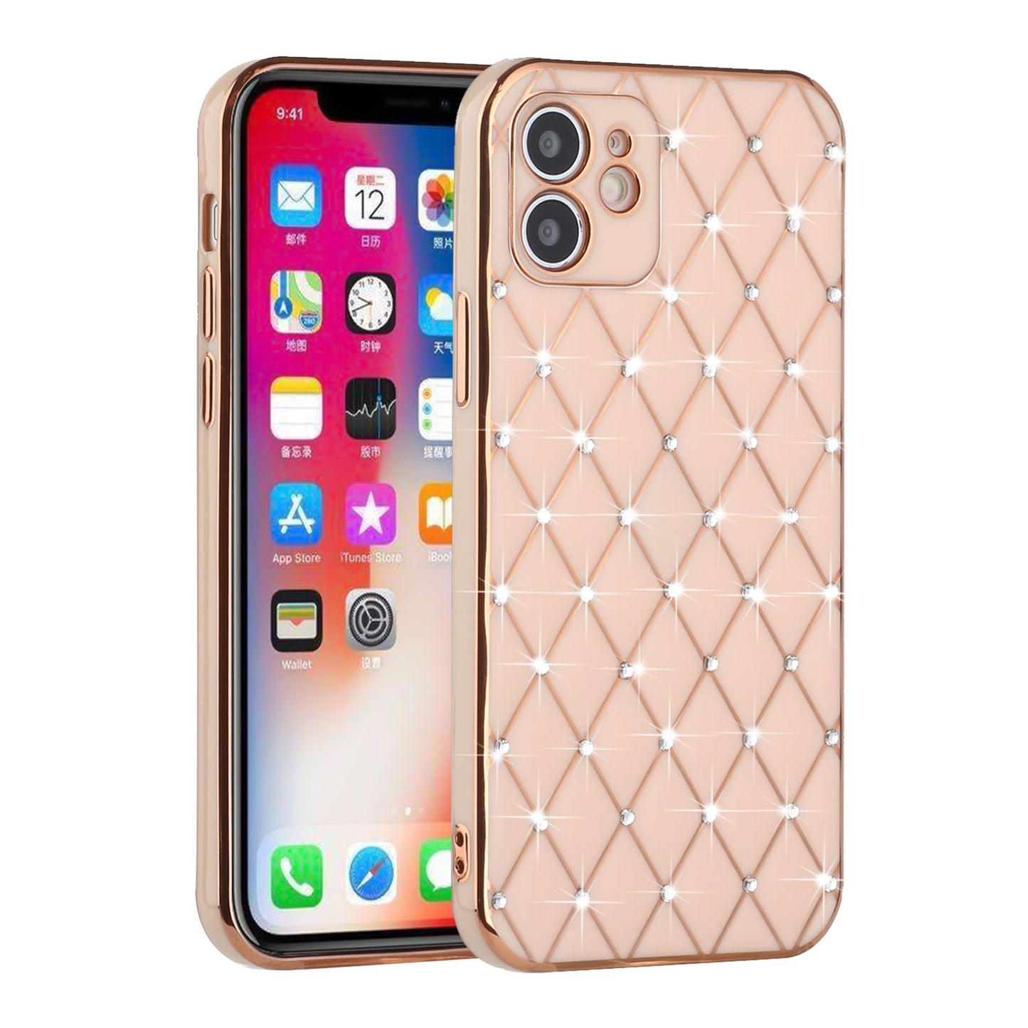 For Apple iPhone 14 Pro (6.1") Luxury Diamonds on Electroplated Grid Design Rhinestone Protective TPU Hard PC  Phone Case Cover