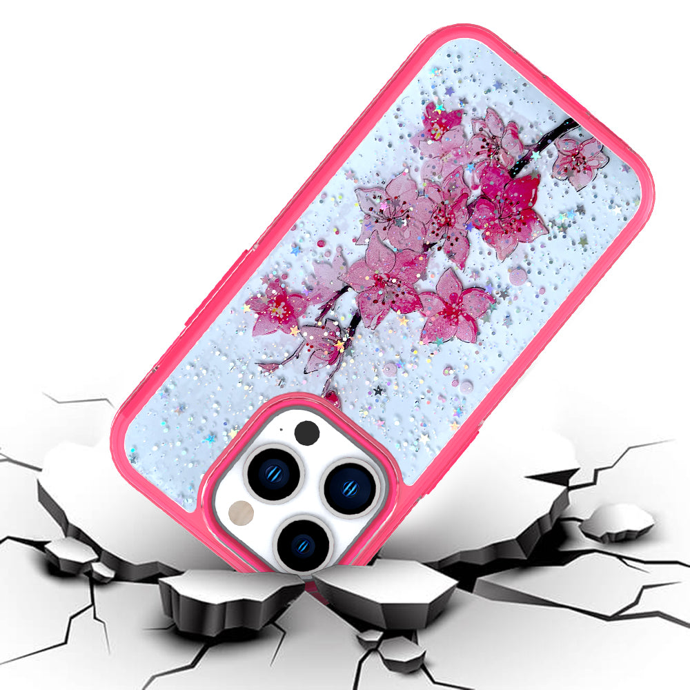For Apple iPhone 14 Pro Max (6.7") Sakura Spring Flowers Design Colorful Frame Hybrid Rubber TPU Hard Shockproof Slim  Phone Case Cover