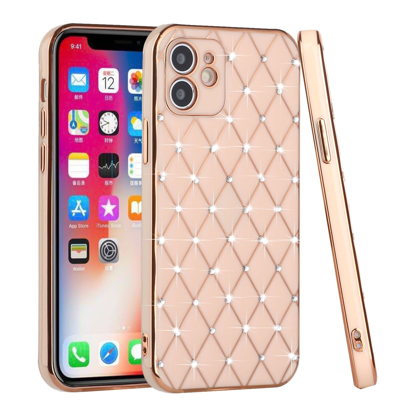 For Apple iPhone 14 Pro (6.1") Luxury Diamonds on Electroplated Grid Design Rhinestone Protective TPU Hard PC  Phone Case Cover