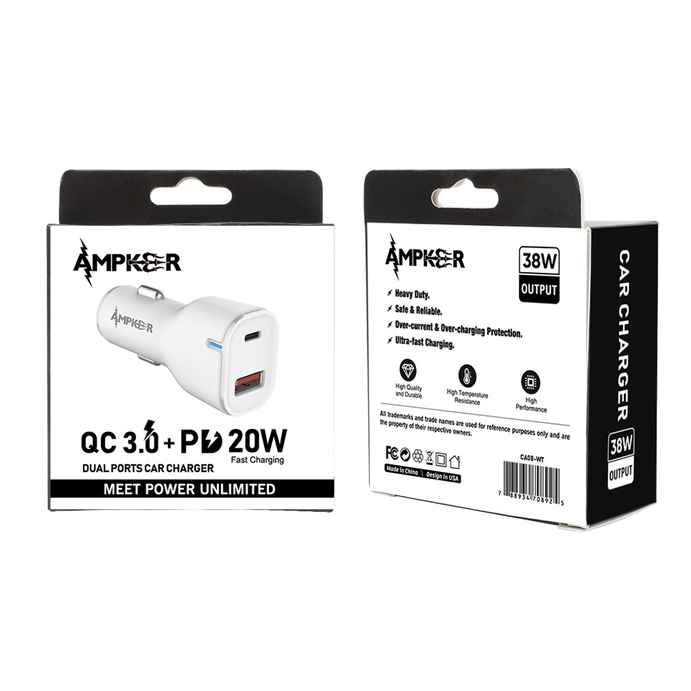 Car Adapter Dual Port QC 3.0 + PD 20W Fast Charging Adapter Universal Lighter Adapter Compatible with Apple, iPhone, iPad Mini/Pro, Samsung, Google & More - White