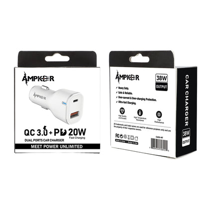 Car Adapter Dual Port QC 3.0 + PD 20W Fast Charging Adapter Universal Lighter Adapter Compatible with Apple, iPhone, iPad Mini/Pro, Samsung, Google & More - White