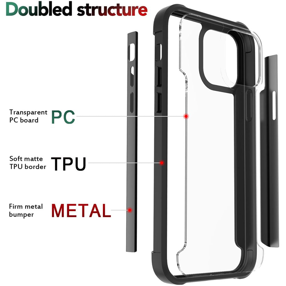 For Apple iPhone 13 Pro (6.1") Hybrid Aluminum Alloy Metal Clear Transparent Back PC TPU Bumper Shockproof  Phone Case Cover