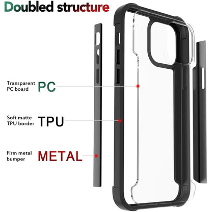 For Apple iPhone 13 Pro (6.1") Hybrid Aluminum Alloy Metal Clear Transparent Back PC TPU Bumper Shockproof  Phone Case Cover