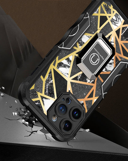 For Apple iPhone 14 Pro Max (6.7") Marble IMD Stone Design Hybrid Magnetic Ring Stand Kickstand Heavy Duty Rugged  Phone Case Cover