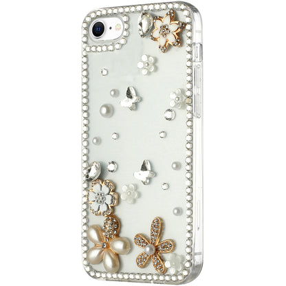 For Apple iPhone SE 3 (2022) SE/8/7 Bling Clear Crystal 3D Full Diamonds Luxury Sparkle Rhinestone Hybrid White Flower Butterfly Phone Case Cover
