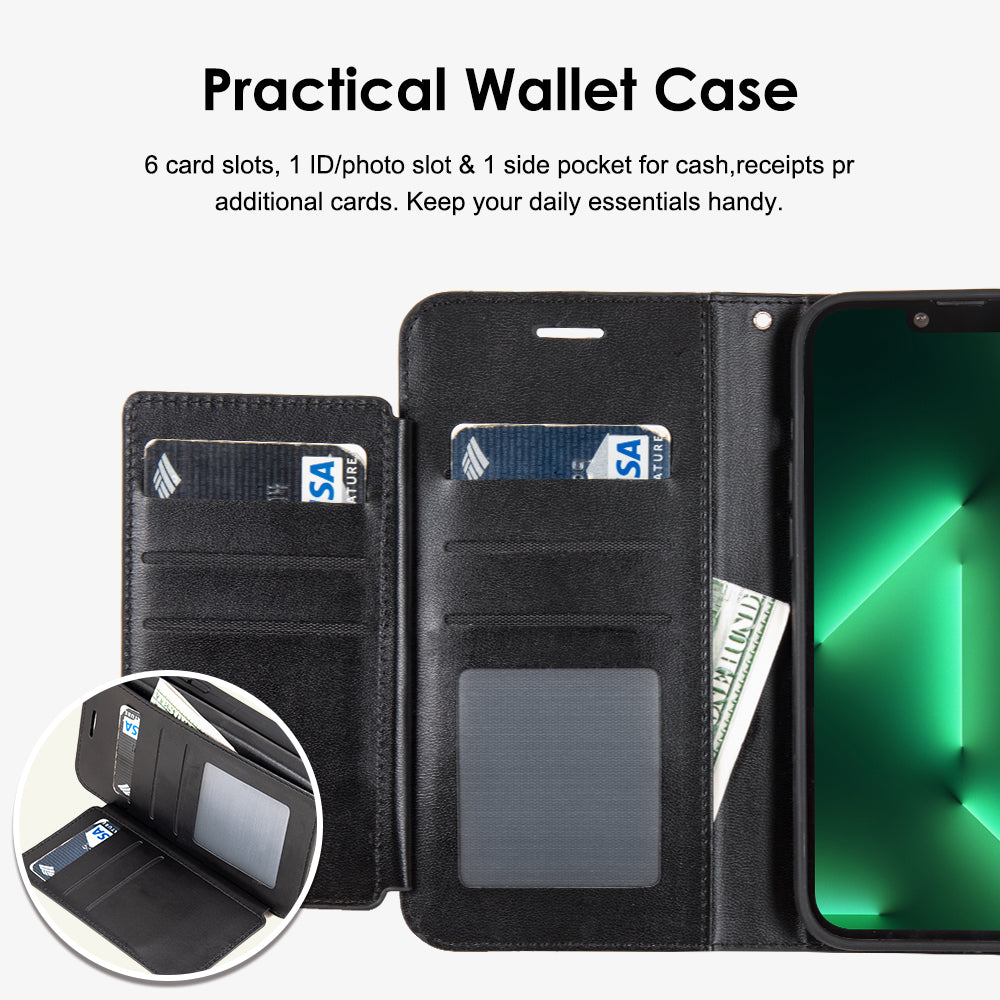 For Apple iPhone 14 /Plus Pro Max Leather Wallet Case with 6 Credit Card, Cash Slot Lanyard Dual Flip Pouch Pocket Stand  Phone Case Cover