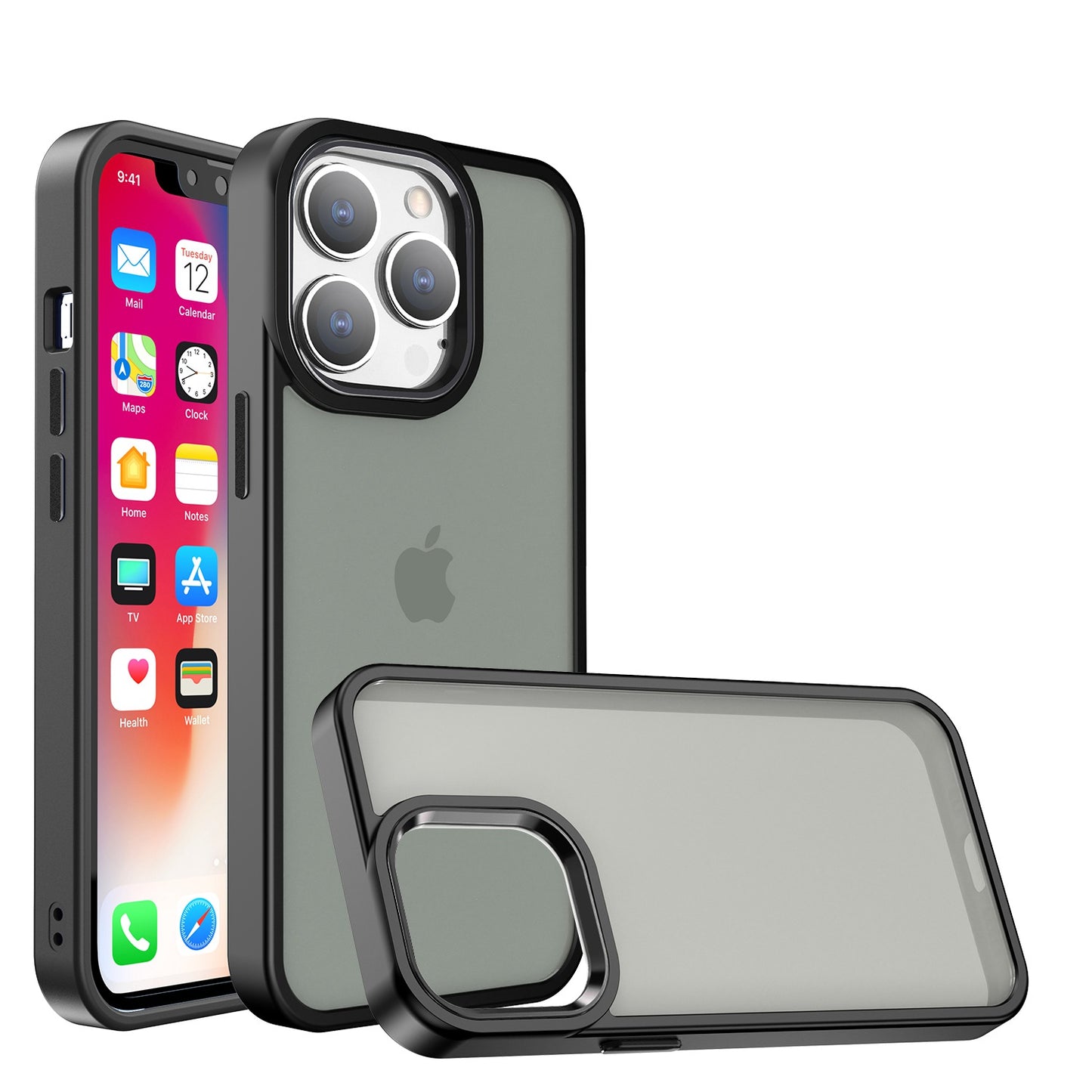 For Apple iPhone 14 Pro (6.1") Slim Fit Hybrid Frosted Matte Polished Oil Thick Acrylic Hard PC TPU Frame Black Phone Case Cover