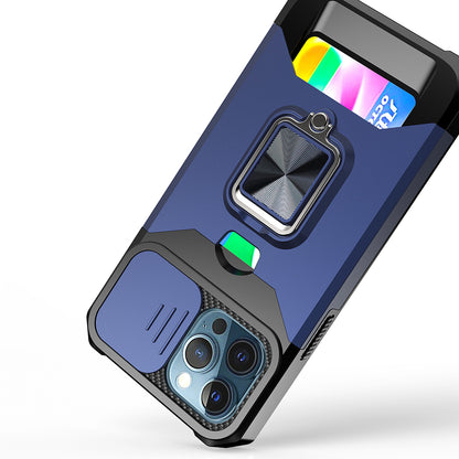 For Apple iPhone 14 Pro (6.1") Wallet Case with Ring Stand & Slide Camera Cover Credit Card Slot Holder, Military Grade Blue Phone Case Cover