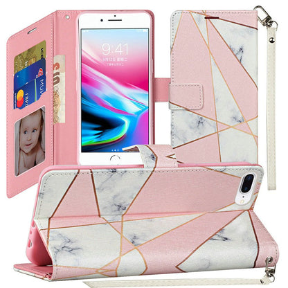 For Samsung Galaxy S22+ Plus Wallet Case PU Leather Design Pattern with Credit Card Slot Strap, Stand Folio Pouch Pink Marble Phone Case Cover