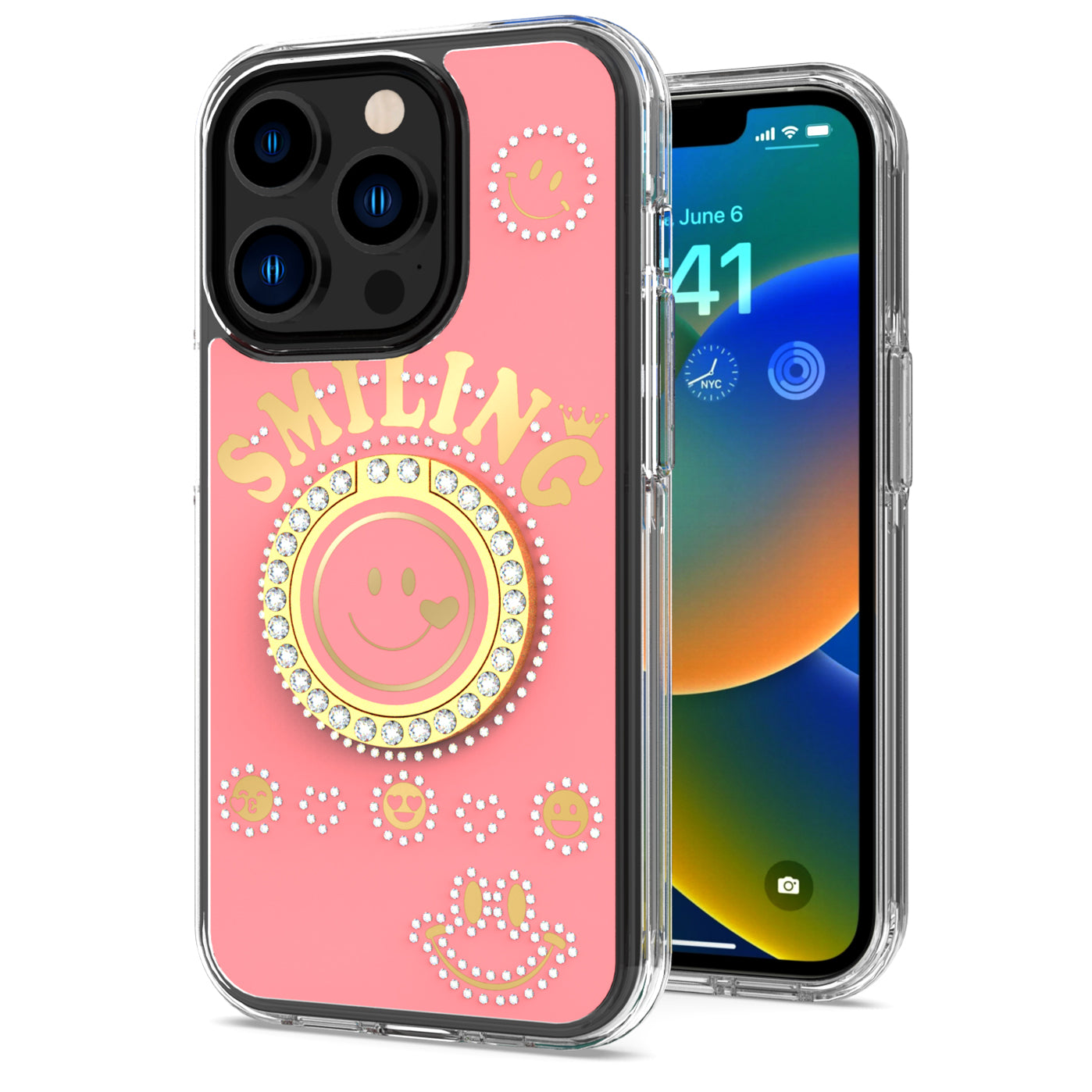 For Apple iPhone 12 Pro Max (6.7") Smiling Glitter Ornament Bling Sparkle with Ring Stand Hybrid TPU + Hard Back Shell  Phone Case Cover