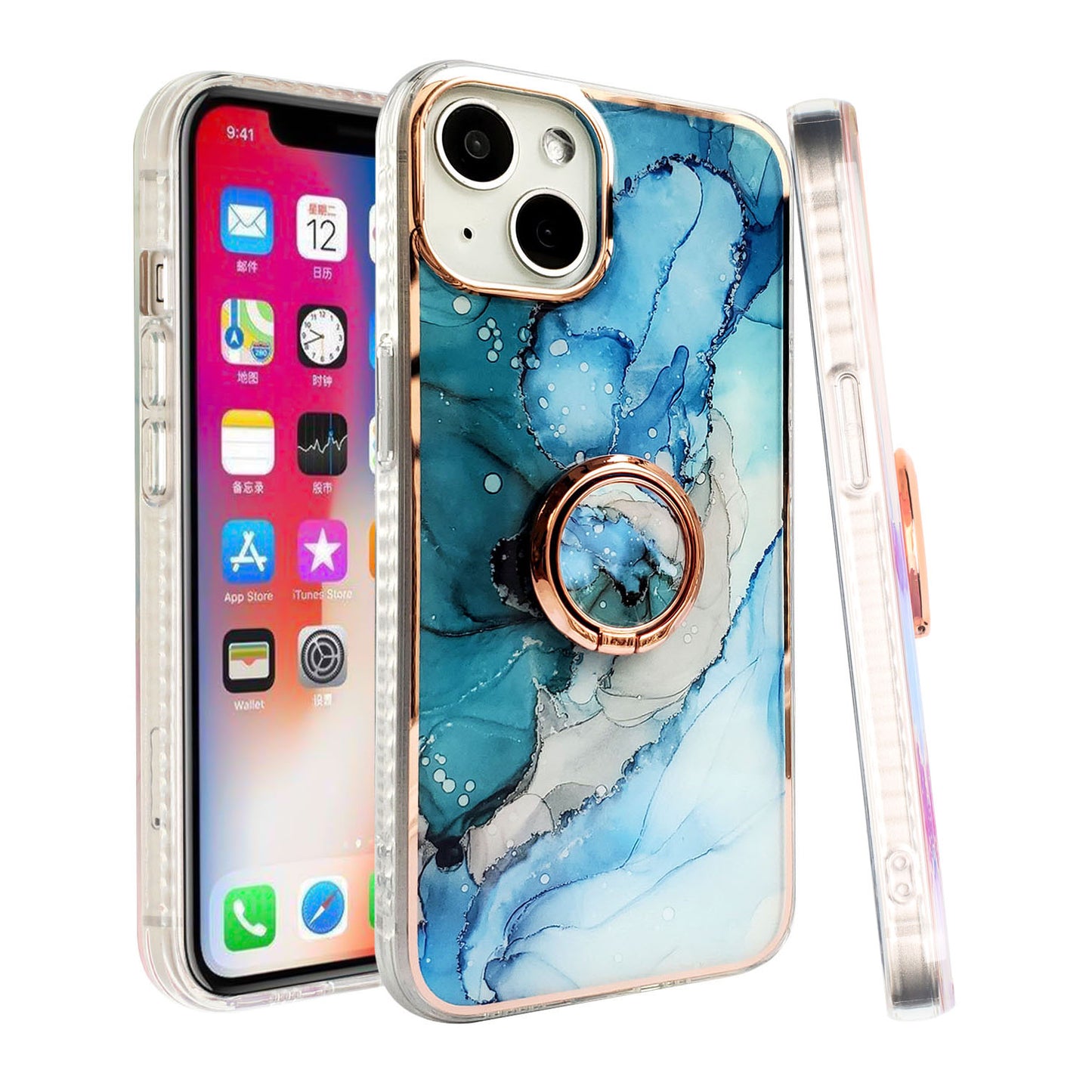For Apple iPhone 14 Pro Max (6.7") Pattern Fashion Design Chromed Edge IMD with Ring Kickstand Hybrid Hard Back  Phone Case Cover