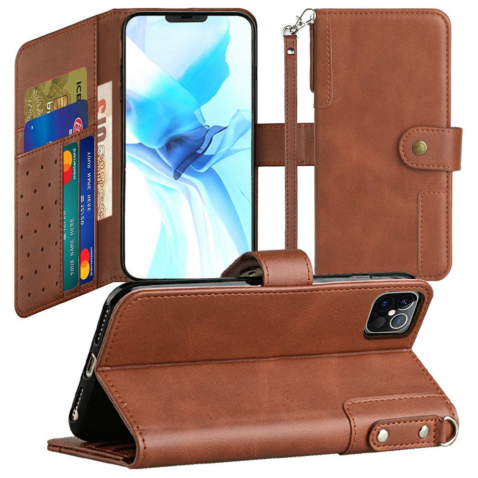 For Apple iPhone 8 Plus/7 Plus/6 6S Plus Wallet Case with Credit Card Holder, PU Leather Flip Pouch Kickstand & Strap Brown Phone Case Cover