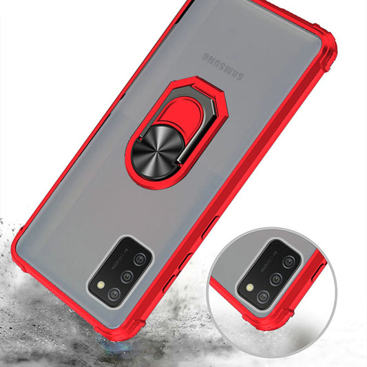 For Samsung Galaxy A02S Clear Silicone Shockproof Tuff Hybrid Protection Cover Transparent TPU with Magnetic Ring Kickstand Red Phone Case Cover