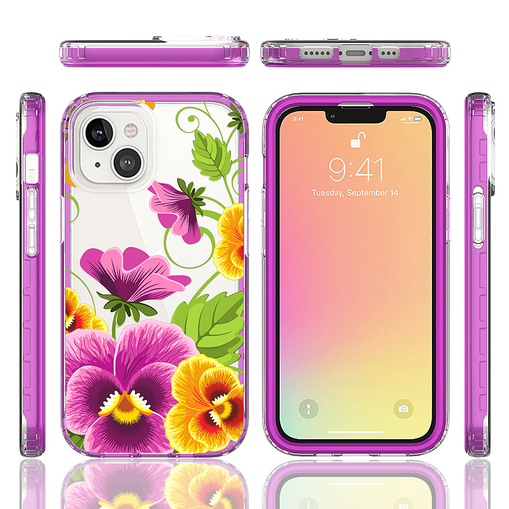 For Apple iPhone 14 Plus (6.7") Beautiful Design 3in1 Hybrid Triple Layer Armor Hard PC Plastic Rubber Frame Purple Summer Floral Phone Case Cover