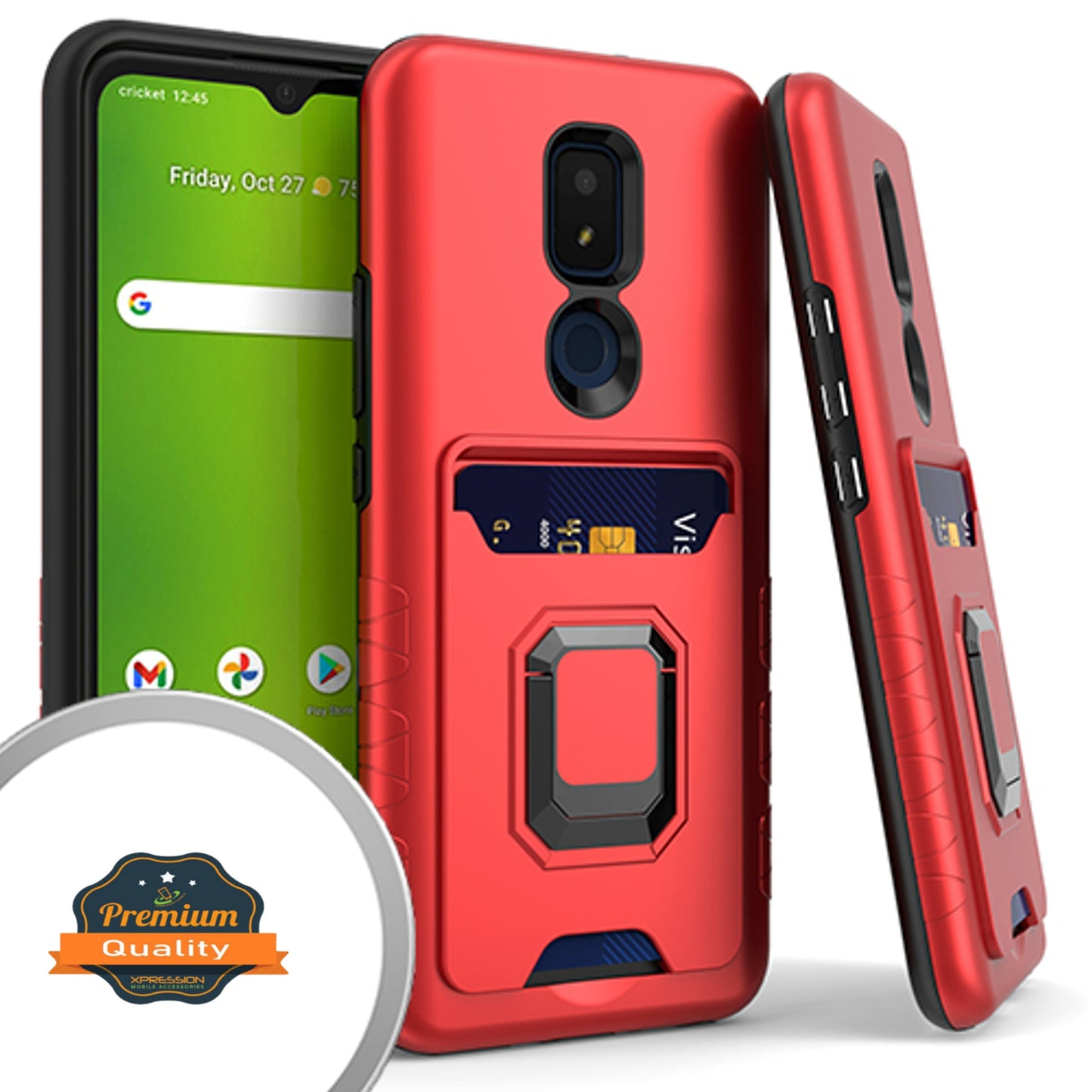 For Cricket Icon 3 Wallet Credit Card Slot Holder with Metal Ring Kickstand Heavy Duty Shockproof Hybrid Dual Layer Magnetic Stand  Phone Case Cover