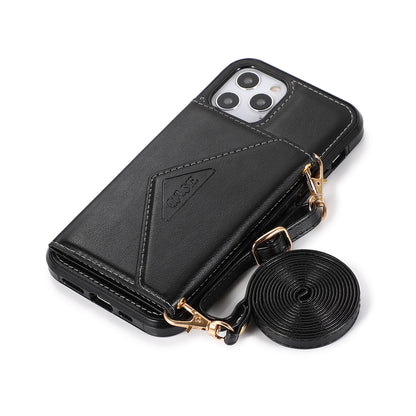 For Apple iPhone SE 3 (2022) SE/8/7 Wallet Case Credit Card ID Holder Lanyard Detachable Neck Strap Flip PU Leather Slim Black Phone Case Cover